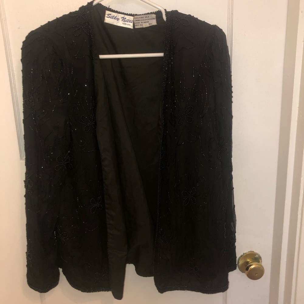 Silky Nights New York 100% silk Black Textured Open Front Blazer. Gently used